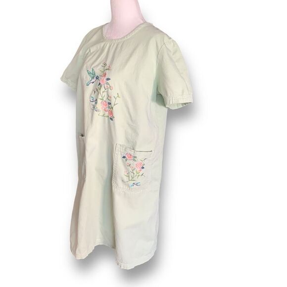 Vintage 90s Embroidered Dress Pistachio Green Pastel Pink Lightweight Denim - Picture 5 of 11